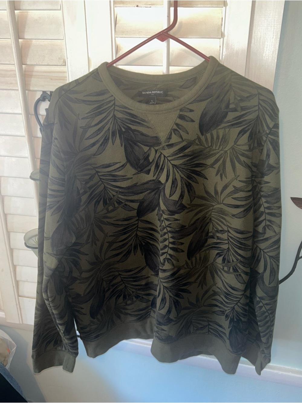 Banana Republic Olive Green Crewneck Sweatshirt with Black Leaf Print